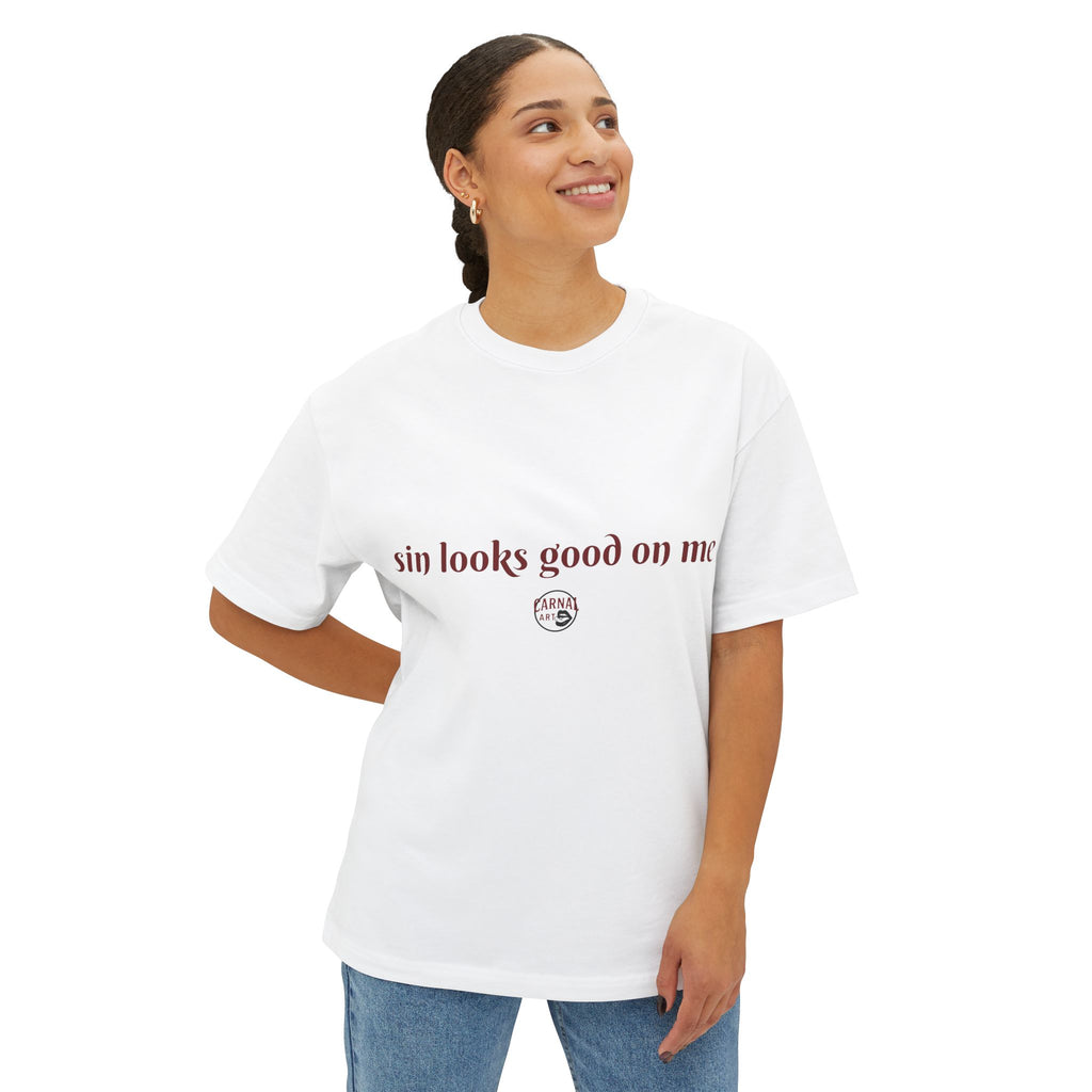 Graphic Tee — "Sin Looks Good On Me" Red Noir Photo Print