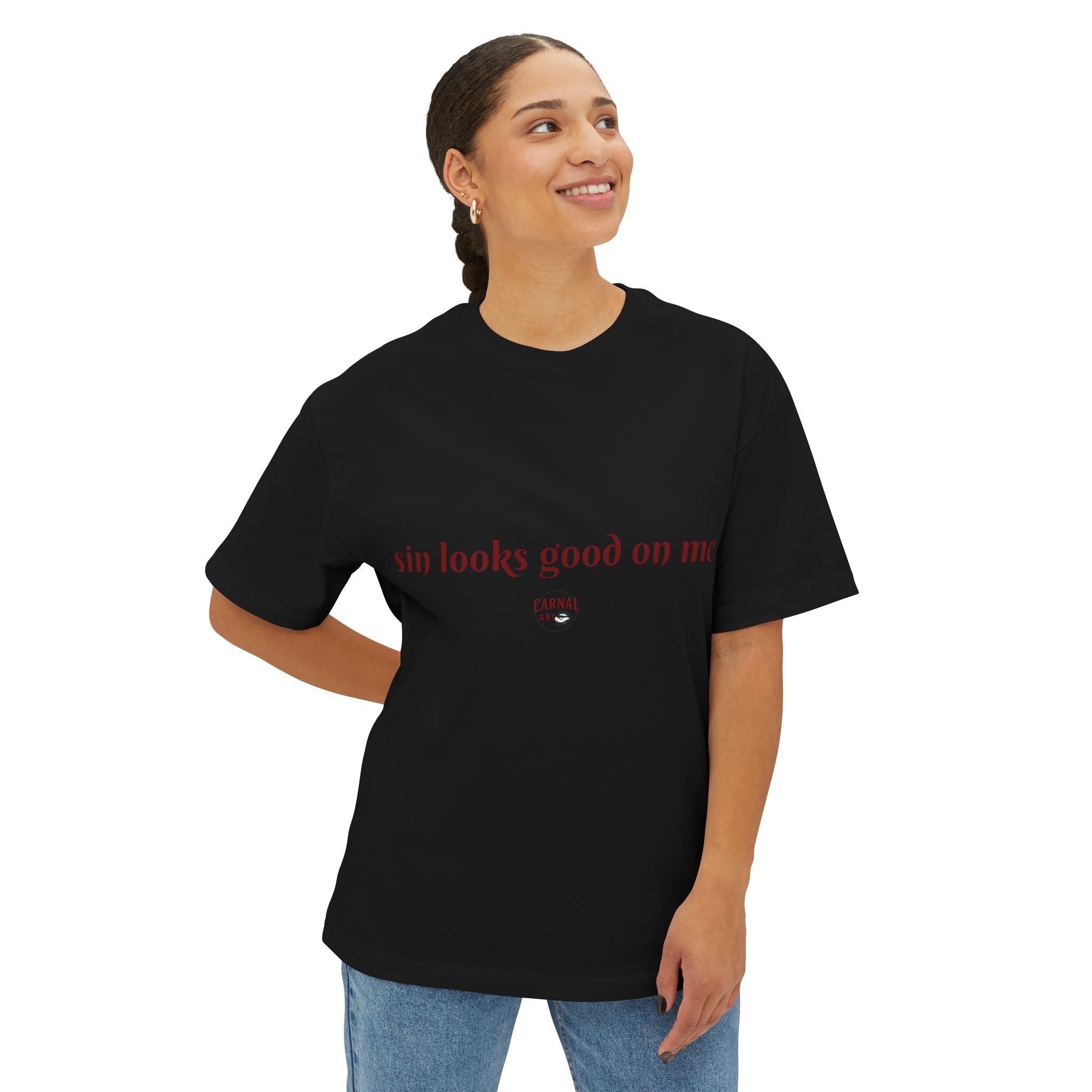 Graphic Tee — "Sin Looks Good On Me" Red Noir Photo Print